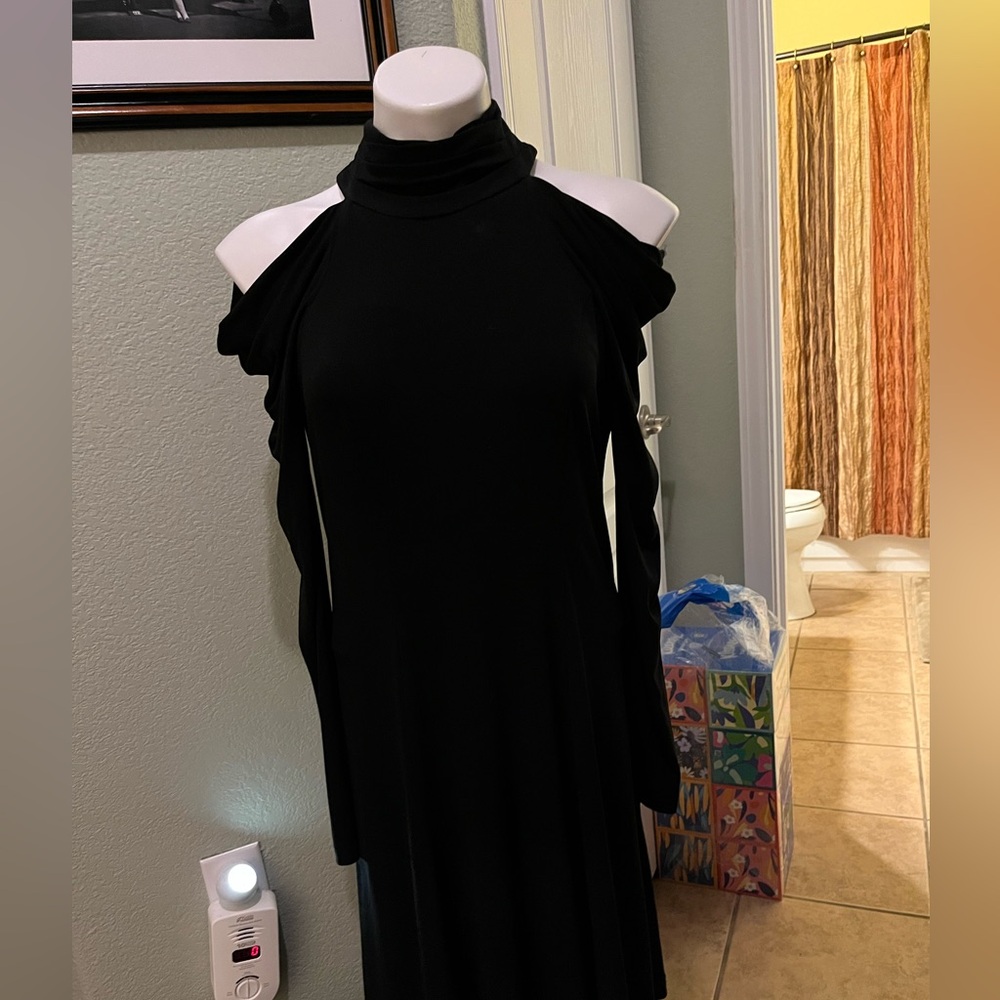 Vicky Tiel Black Cold-Shoulder Long Sleeve Dress with High Neck